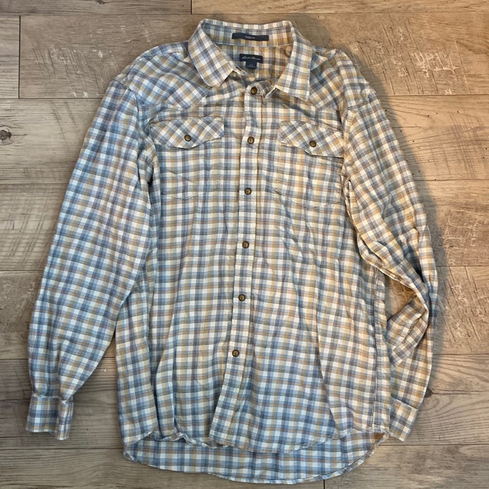 Eddie Bauer 100% Cotton plaid snap down long sleeve shirt